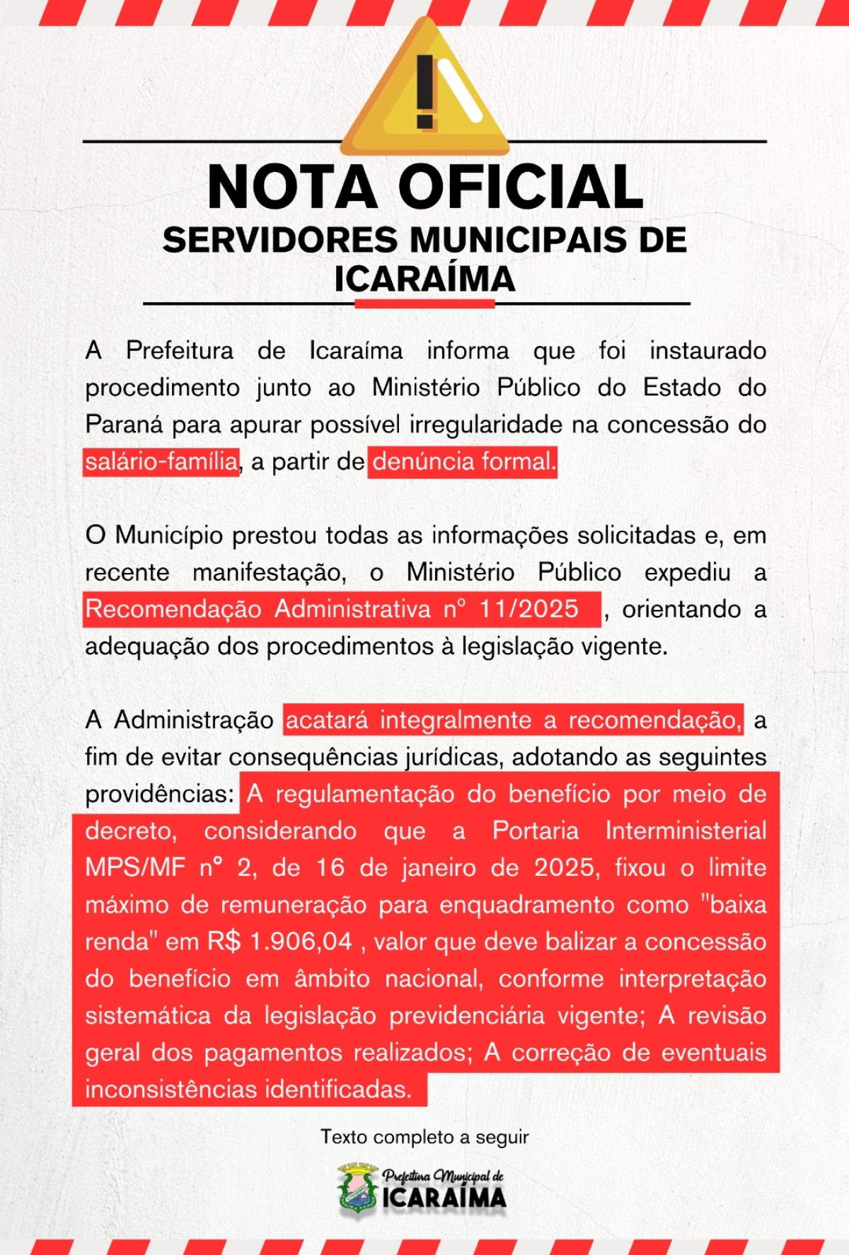 NOTA - SERVIDORES MUNICIPAIS DE ICARAIMA